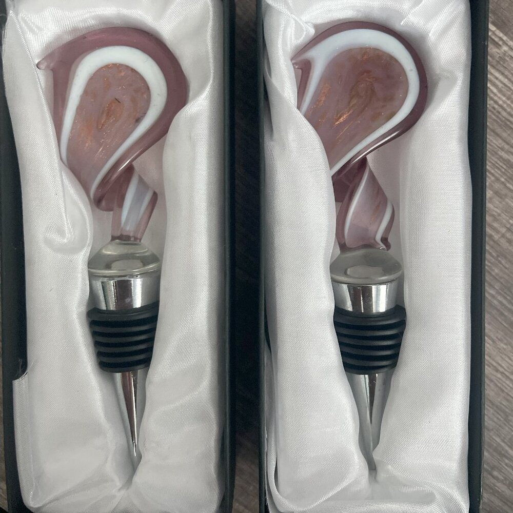 Two Murano Glass Wine Stoppers 5 Inch, Pink, White and Clear